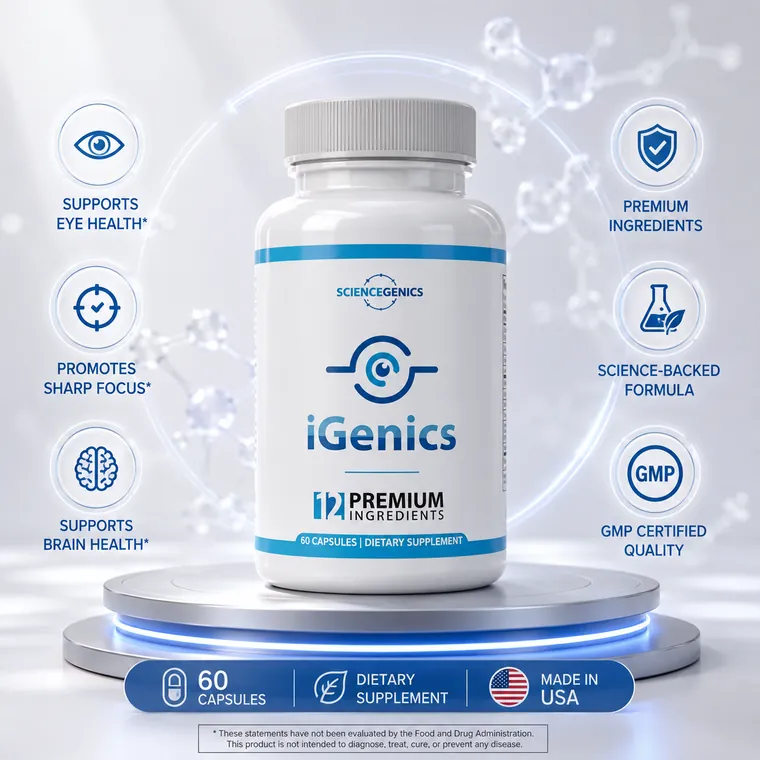 iGenics bottle with key features: supports healthy vision, natural ingredients